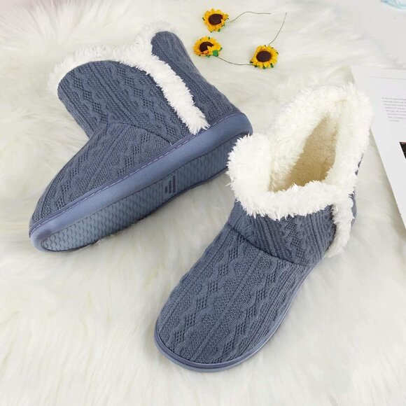 Women's Winter Warm Dark Gray Fluffy Fur Lined Plush Bootie Slippers Shoes - Picture 6 of 7
